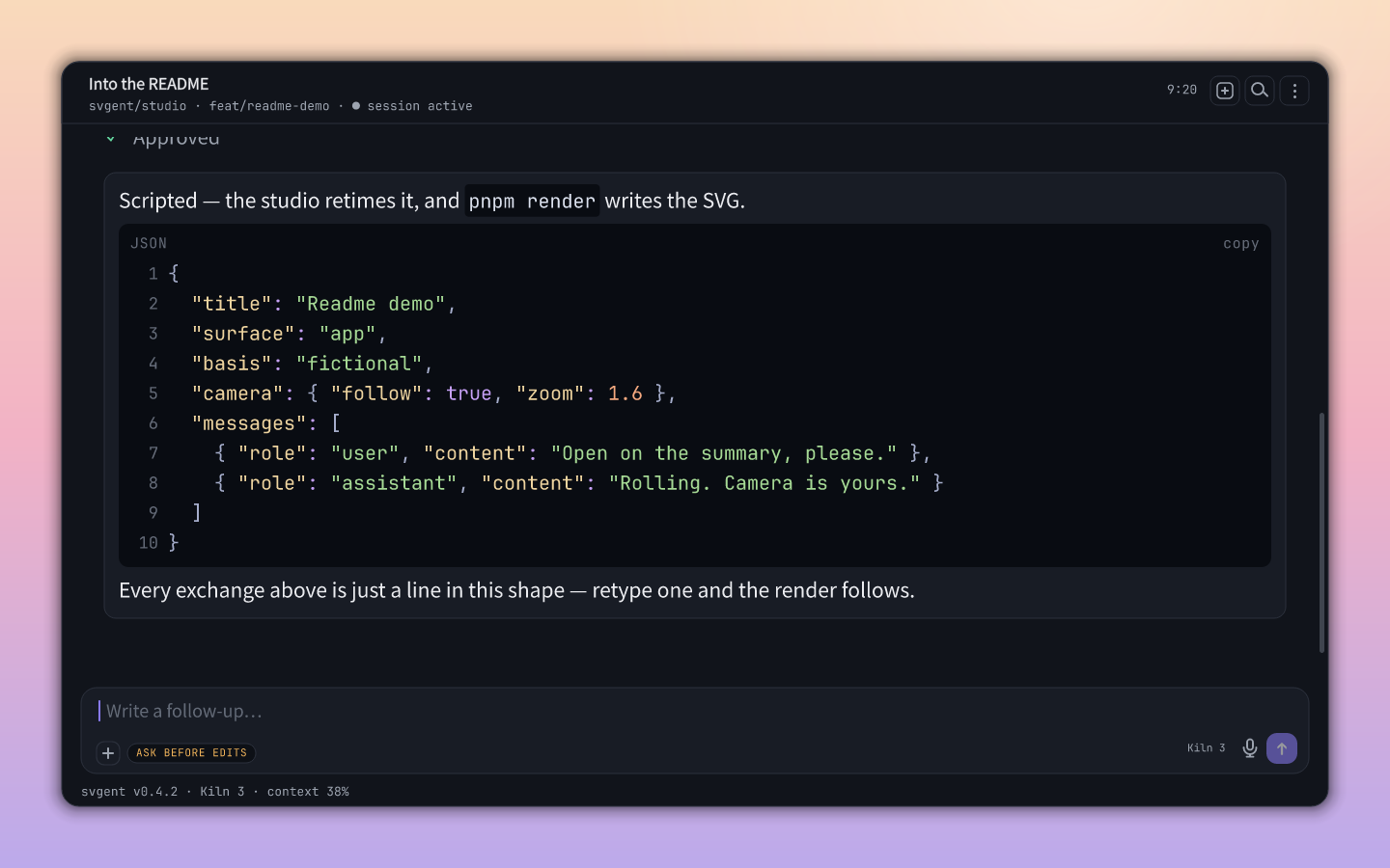 A fictional App session that scripts a README demo and ends with the written svgent script