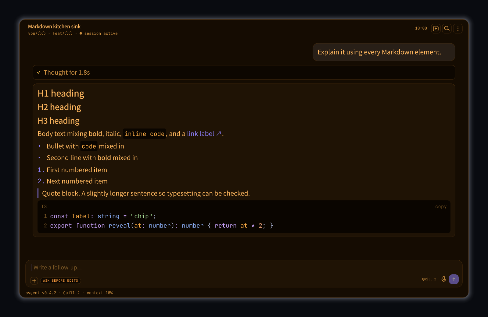 Headings, lists, tables, quotes, fenced code.